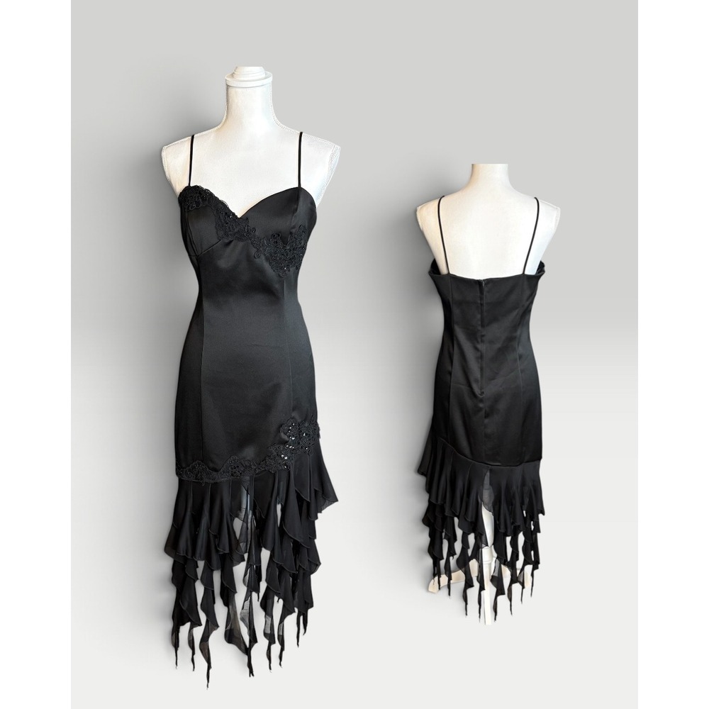 Vintage Roberta Black Lace Beaded Ruffle Hem Cocktail Dress 13/14 Made in USA
